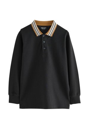 Polo shirt nera a maniche lunghe con colletto a righe beige e bianco. Presenta una chiusura con bottoni e polsini a coste. Etichetta del marchio visibile.