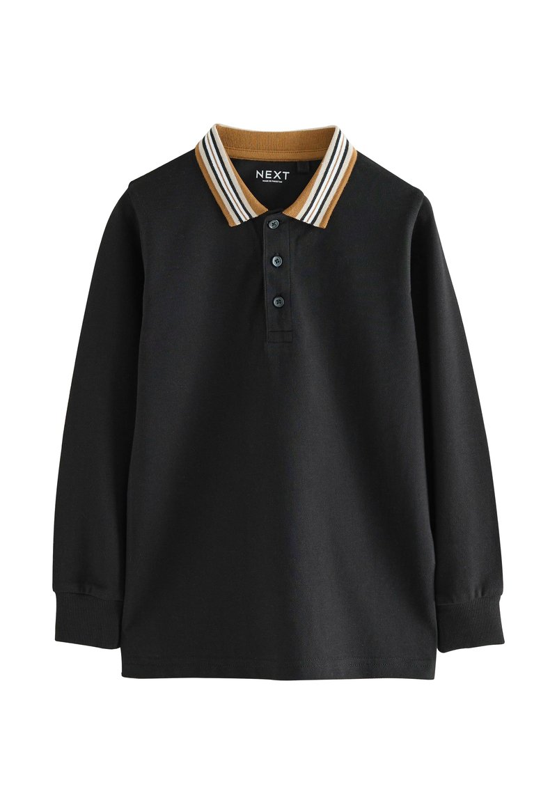 Schwarzes Langarm-Polohemd mit einem gestreiften Kragen in Beige und Weiß. Verfügt über eine Knopfleiste und gerippte Bündchen. Markenzeichen sichtbar.