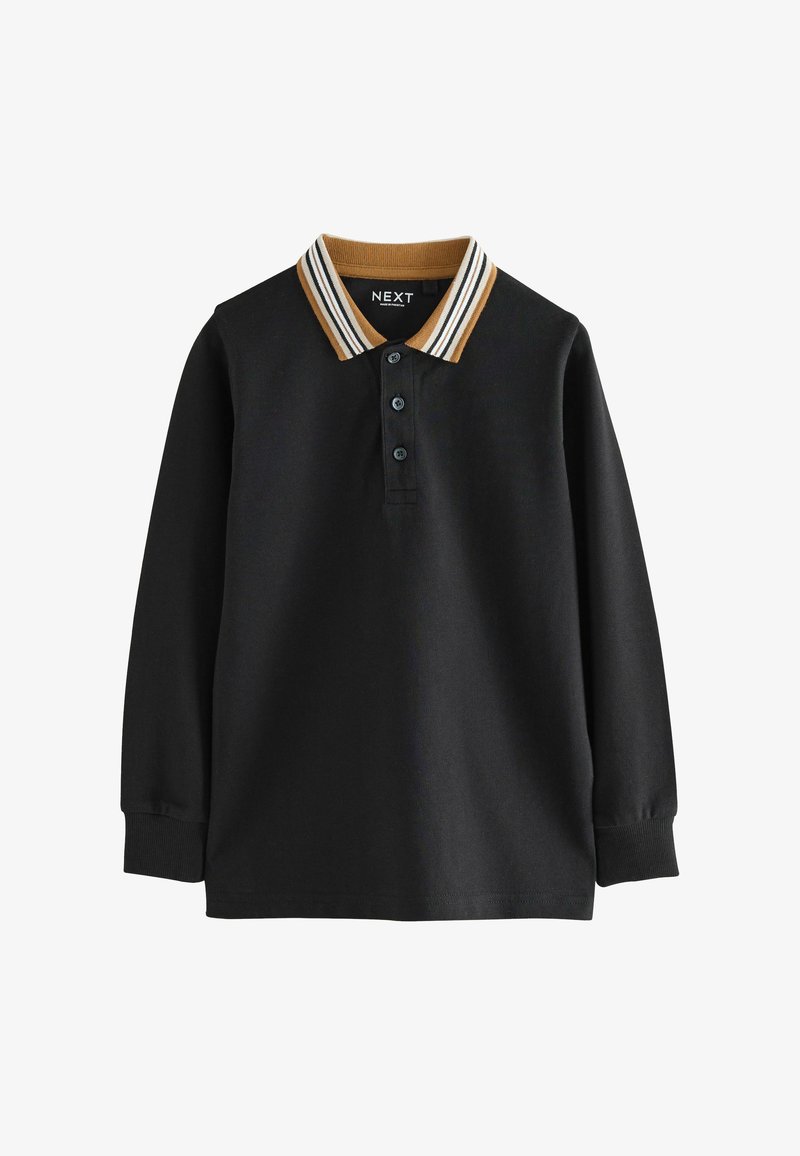 Schwarzes Langarm-Polohemd mit einem gestreiften Kragen in Beige und Weiß. Verfügt über eine Knopfleiste und gerippte Bündchen. Markenzeichen sichtbar.