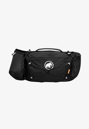 Black waist bag made of durable fabric, featuring a central compartment, adjustable straps, mesh side pockets, and a logo accent.