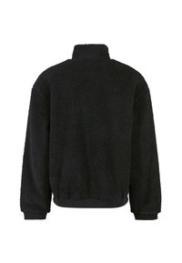Sort fleece pullover med høj krave, der har en struktureret, blød overflade og ribbede manchetter og kant. Vist fra bagenden.