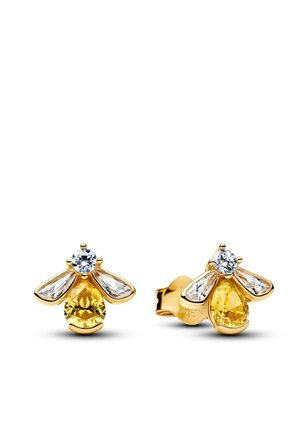 Orecchini a perno a forma di ape in oro con corpi a pera gialli e ali trasparenti rotonde e a goccia.