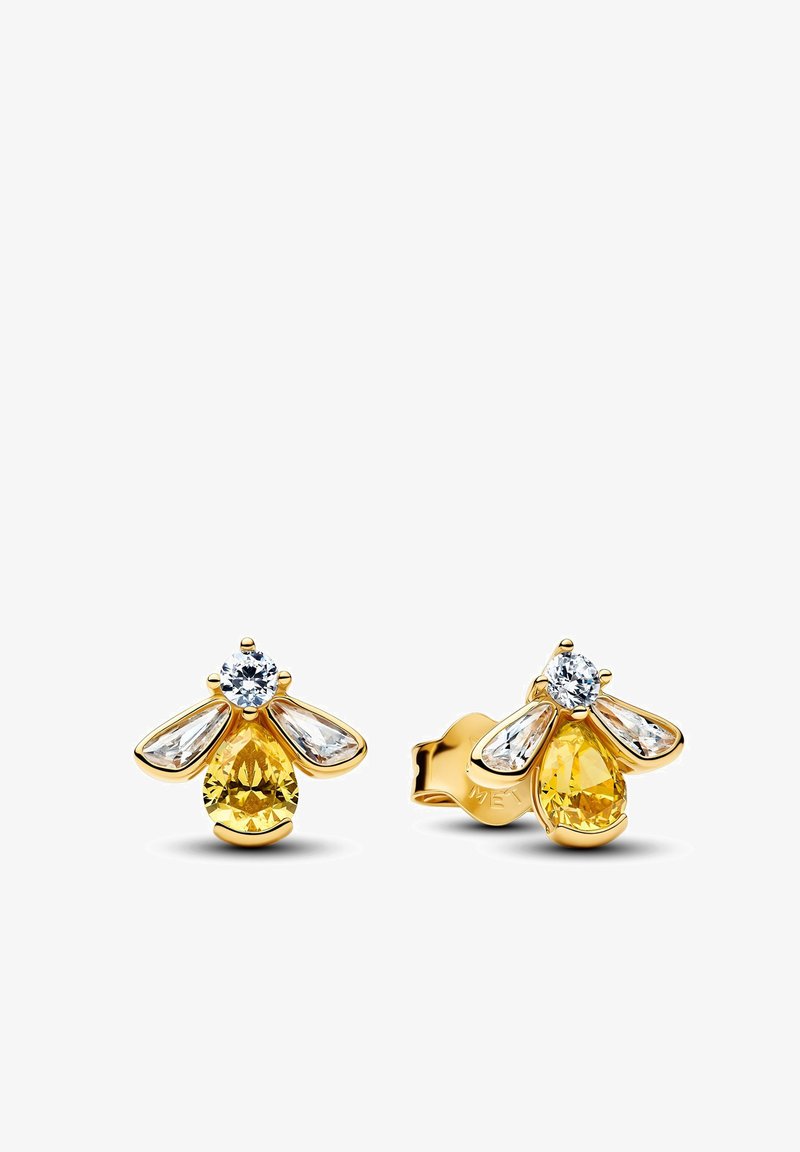 Boucles d'oreilles clous en forme d'abeille en or avec corps en forme de poire jaune et ailes claires rondes et en forme de goutte d'eau.