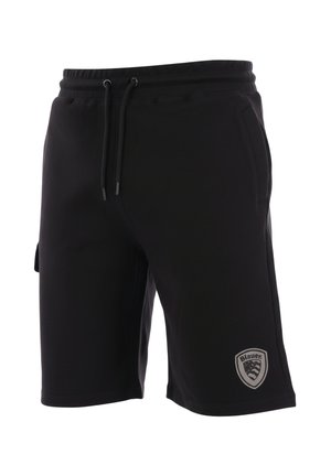 Shorts sportivi neri con vita con coulisse, tasche laterali e una toppa con il logo del marchio Blauer sulla gamba destra inferiore.