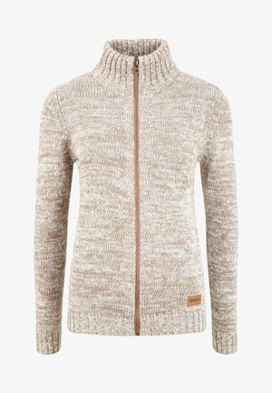 Beige strikket sweater med høj krave, fuld lynlås og ribbede manchetter. Har et struktureret mønster og et lille logo patch nederst.
