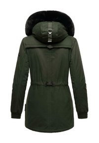 Green parka jacket with a faux fur-lined hood, cinched waist, elastic cuffs, and a logo patch on the sleeve. Smooth, durable fabric finish.