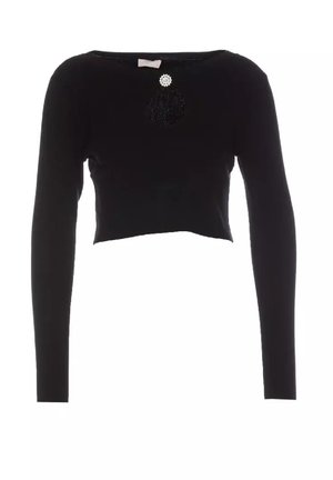 Top nero a maniche lunghe cropped realizzato in un tessuto liscio, caratterizzato da un colletto rotondo e un'ornamentazione decorativa con gioielli sul fronte.