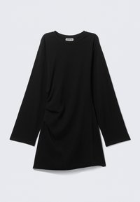 Sort langærmet top med rund halsudskæring, draperet sidesnit og afslappet pasform. Lavet af blødt stof, har minimalt antal syninger og ingen mønstre.