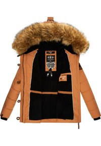 Brown padded jacket with a faux fur hood, black fleece lining, and contrasting white trim. Contains inner pockets and detailed branding.