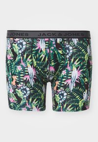 Herren-Boxershorts mit dunklem Hintergrund, auf dem lebendige grüne Blätter, pinke Blumen und bunte tropische Vögel abgebildet sind. Elastischer Bund mit Markenlogo.