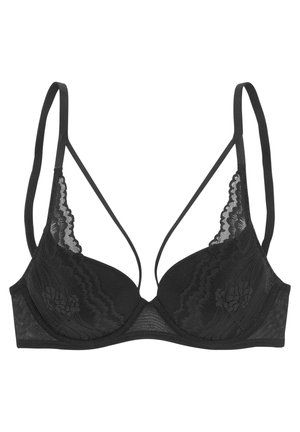 Zwarte kanten bralette met zachte cups met een bloempatroon, dunne verstelbare bandjes en een doorschijnende textuur langs de randen.