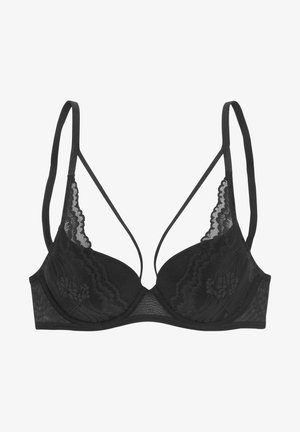 Sort blonde bralette med bløde kopper med blomsterprint, tynde justerbare stropper og en gennemsigtig tekstur langs kanterne.
