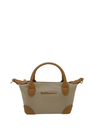 Piccola borsa beige con manici in pelle marrone, rinforzi agli angoli e cerniera dorata, marchiata con il logo Gian Marco Venturi.