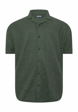 Donkergroene, getextureerde korte mouwen blouse met kraag en knopen, gelabeld "BADRHINO" maat 4XL, weergegeven op een witte achtergrond.