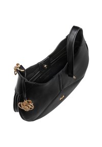 Schwarze Lederhandtasche mit geschwungener Form, goldenen Hardware-Details und gefältelten Akzenten. Verfügt über einen offenen oberen Teil und einen einzelnen Riemen.