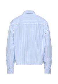 Chemise bleu clair à manches longues avec des rayures blanches verticales vue de dos, avec des poignets à boutons et un ourlet droit.
