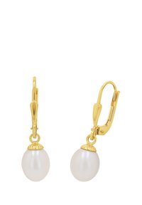 Gul hängande örhängen med en slät, rund vit pärla som hänger ned, prydd med en strukturerad kapa ovanpå pärlan.