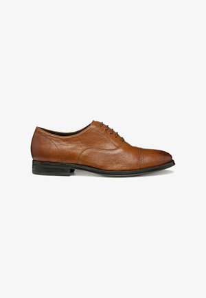 Scarpe da uomo in pelle marrone con punta affusolata, cinque occhielli e una suola nera in gomma elegante. Texture liscia con dettagli di cucitura discreti.