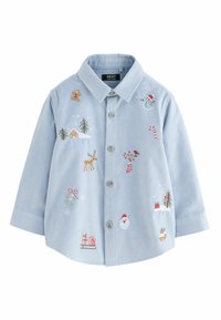 Vaaleansininen samettipaita, jossa on jännittävää brodeerausta, mukaan lukien Joulupukki, lumiukot, porot ja piparit. Napitus, pitkät hihat.