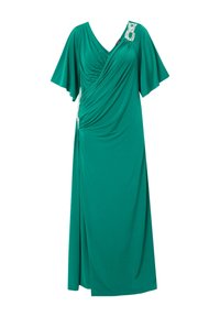 Groene wikkeljurk met korte fluttermouwen, gathered stof bij de taille en een versierde accent bij de schouder. Zachte, soepelvallende stof.