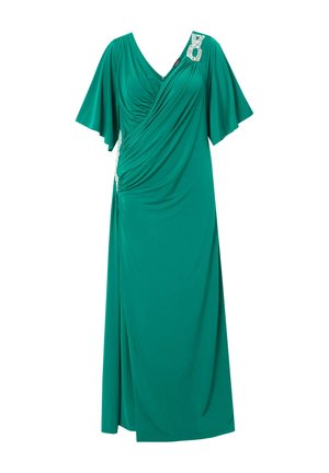 Groene wikkeljurk met korte fluttermouwen, gathered stof bij de taille en een versierde accent bij de schouder. Zachte, soepelvallende stof.