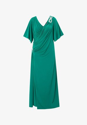 Groene wikkeljurk met korte fluttermouwen, gathered stof bij de taille en een versierde accent bij de schouder. Zachte, soepelvallende stof.