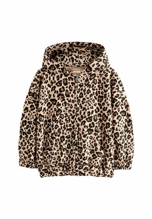 Hoodie z vzorom leoparda z zasnovo na zadrgo spredaj, dolgimi rokavi in elastičnimi manšetami. Izdelano iz mehke tkanine, z velikim kapučen in sprednjimi žepi.
