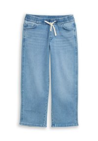 Jasnoniebieskie spodnie dżinsowe o luźnym kroju, z elastycznym paskiem w talii i sznurkiem, dwoma przednimi kieszeniami oraz przeszyciami dekoracyjnymi.