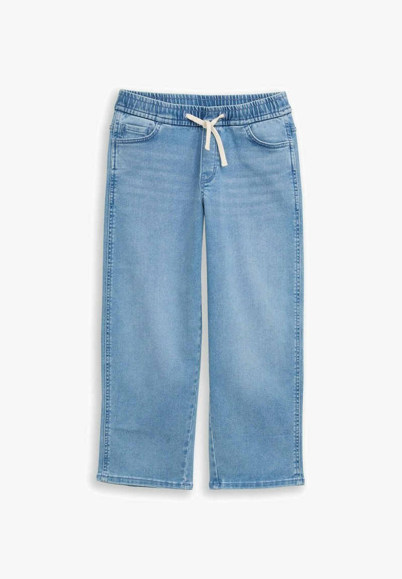 Jasnoniebieskie spodnie dżinsowe o luźnym kroju, z elastycznym paskiem w talii i sznurkiem, dwoma przednimi kieszeniami oraz przeszyciami dekoracyjnymi.