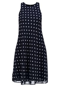 Marinblå ärmlös klänning med vita prickar, A-linjeformad design, lätt tyg, runt halsringning och knälång fåll.