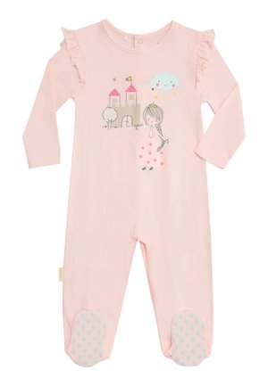 Pijama rosa de manga larga para bebé con estampado de castillo, princesa, nube y árbol, detalles con volantes en los hombros y suelas antideslizantes de lunares azul claro.