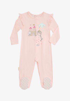 Pijama rosa de manga larga para bebé con estampado de castillo, princesa, nube y árbol, detalles con volantes en los hombros y suelas antideslizantes de lunares azul claro.