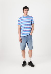 Camiseta de manga corta a rayas azules con rayas en azul claro, rosa y blanco, combinada con pantalones cortos de denim claros y zapatillas negras.