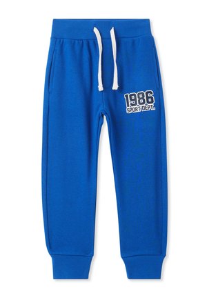 Pantaloni della tuta blu realizzati in tessuto morbido, con una vita elastica e lacci e un design stampato "1986 SPORT DEPT." sul lato.
