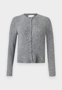 Grå strikket cardigan med rund hals, syv knapper og små sløyfe- Detaljer. Har lange ermer og ribbestrikkede mansjetter og hem.