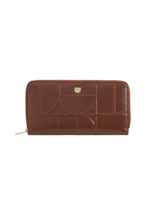 Brown leather wallet featuring geometric embossed patterns, a zip closure, and a gold-toned logo accent on the front.