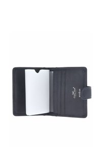 Portefeuille en cuir noir ouvert montrant quatre emplacements pour cartes, une fenêtre d'identité transparente et un insert blanc, marqué « RFID safe » avec un logo sur le côté droit.