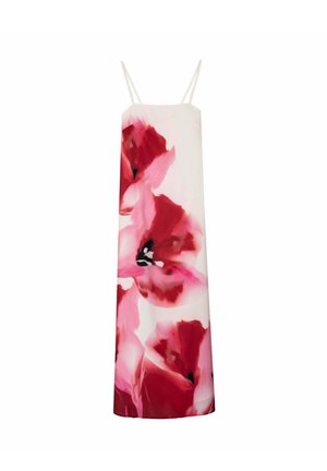 Lange witte jurk met dunne bandjes met grote rode en roze bloemenprint aan de voorkant.