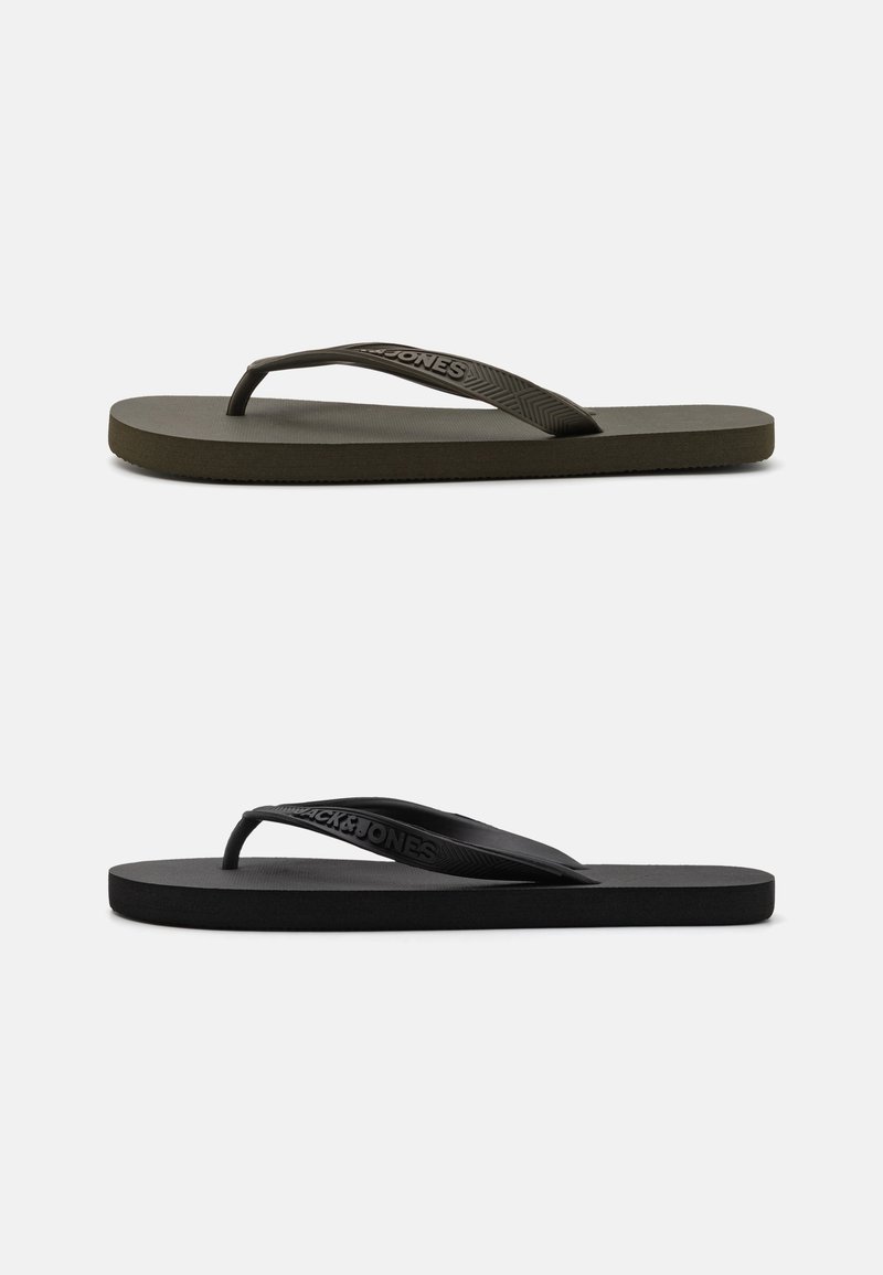 To par flip-flops, en olivengrøn og en sort, besidder gummimateriale, flade såler og teksturerede stropper med logo-detaljer.