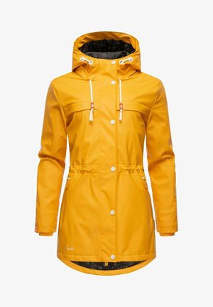 Yellow waterproof jacket with a hood, drawstrings, front buttons, and zippered side pockets. Features a patterned inner lining.
