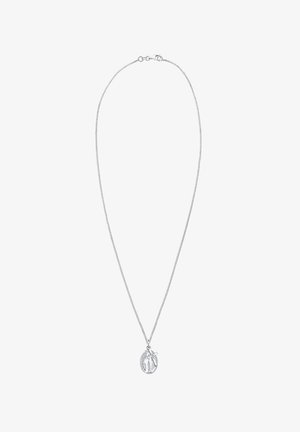 Collana con catenina d'argento caratterizzata da un pendente ovale con un design testurizzato, appeso a una delicata catena a maglie, chiusa con un moschettone.