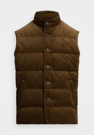 Veste matelassée en velours côtelé marron avec col montant, boutons devant et deux poches latérales sur fond blanc.
