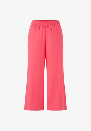 Rosa cropped bukser med elastisk talje, der har en glat tekstur og bred ben-design. Ingen lommer eller synligt hardware.