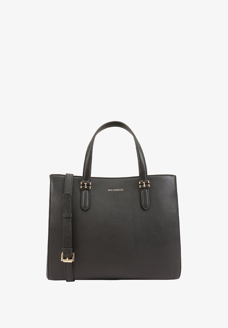 Sac fourre-tout en cuir noir avec deux poignées supérieures et une bandoulière amovible. Doté de quincaillerie en ton or et d'une surface texturée.