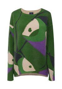 Maglione verde con motivo astratto multicolore in viola, beige e nero. Presenta un colletto e dei polsini a coste, realizzato in morbido materiale a maglia.