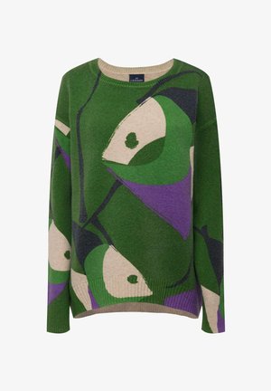 Maglione verde con motivo astratto multicolore in viola, beige e nero. Presenta un colletto e dei polsini a coste, realizzato in morbido materiale a maglia.