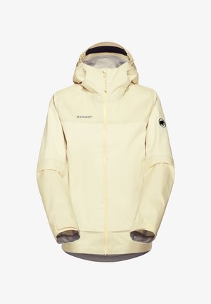 Helle beige wasserdichte Jacke mit Kapuze, durchgehendem Reißverschluss, elastischen Bündchen und Logo auf dem linken Arm. Besitzt ein tailliertes Design und strukturierte Stoff.