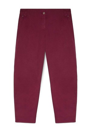 Hose mit geradem Bein in Burgunderrot mit Knopfverschluss, vorderen Taschen und gesteppte Details an Taille und Hüfte.