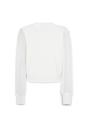 Maglione bianco con maniche lunghe in pizzo trasparente e polsini a coste. Il corpo è di un bianco uniforme, con una superficie liscia e una vestibilità aderente.