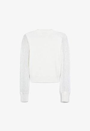 Pull blanc avec de longues manches en dentelle transparente et des poignets côtelés. Le corps est de couleur blanche unie, mettant en valeur une texture lisse et une coupe ajustée.